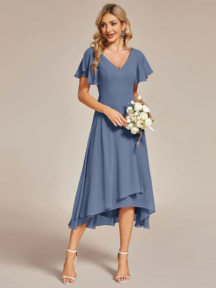 Tauben Blau High Low Chiffon Abendkleid mit V-Ausschnitt