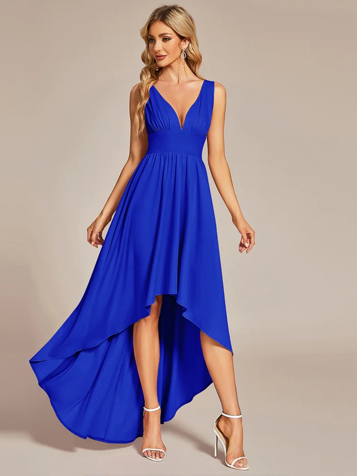 Blau Schlichtes Vokuhila Abendkleid mit breiten Trägern & V-Ausschnitt