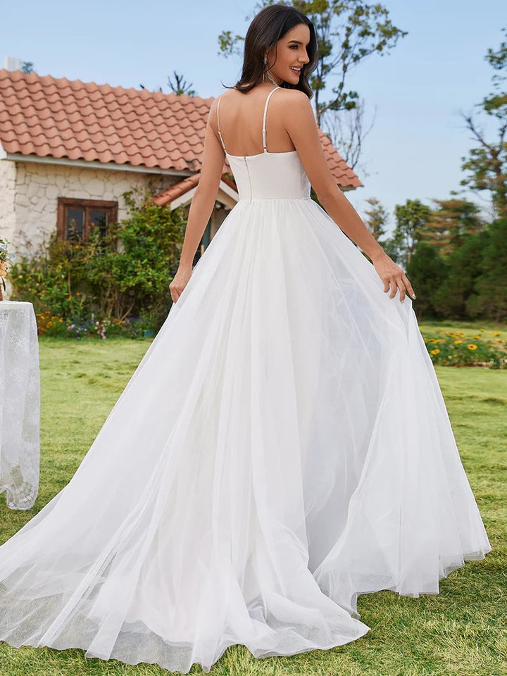 Elfenbein Weiß Creme Bodenlang Braut Hochzeitskleid mit Spitzen Oberteil Tüll Rock