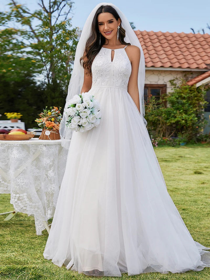 Elfenbein Weiß Creme Bodenlang Braut Hochzeitskleid mit Spitzen Oberteil Tüll Rock