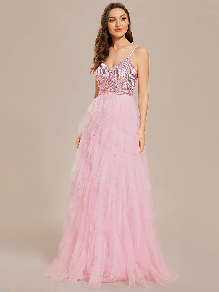 Elegantes Abendkleid mit Pailletten Oberteil & geraften Tüllrock Rosa Pink