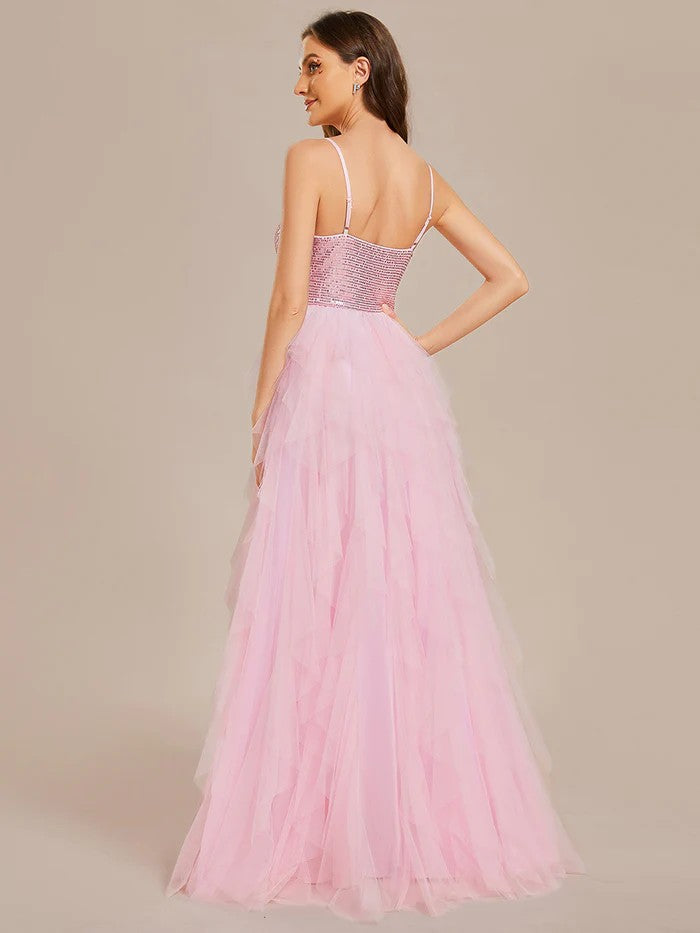 Elegantes Abendkleid mit Pailletten Oberteil & geraften Tüllrock Rosa Pink