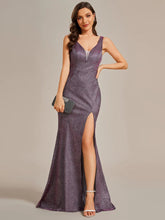 Lade das Bild in den Galerie-Viewer, Glamour Glitzer Abendkleid in Lila-Metallic mit V-Ausschnitt &amp; Beinschlitz