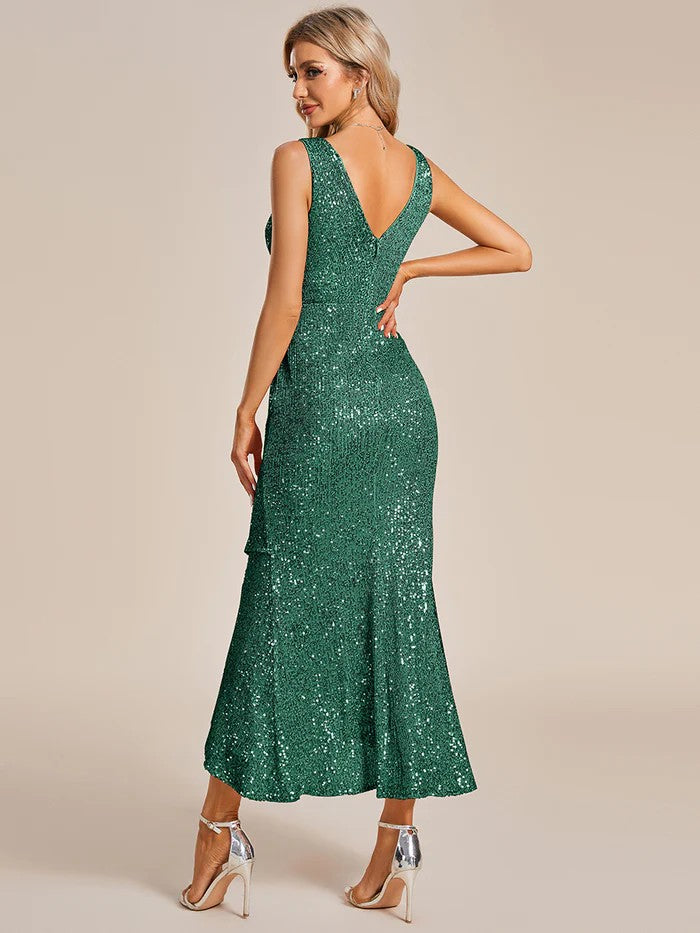 Glamour grünes Pailletten Abendkleid mit V-Ausschnitt