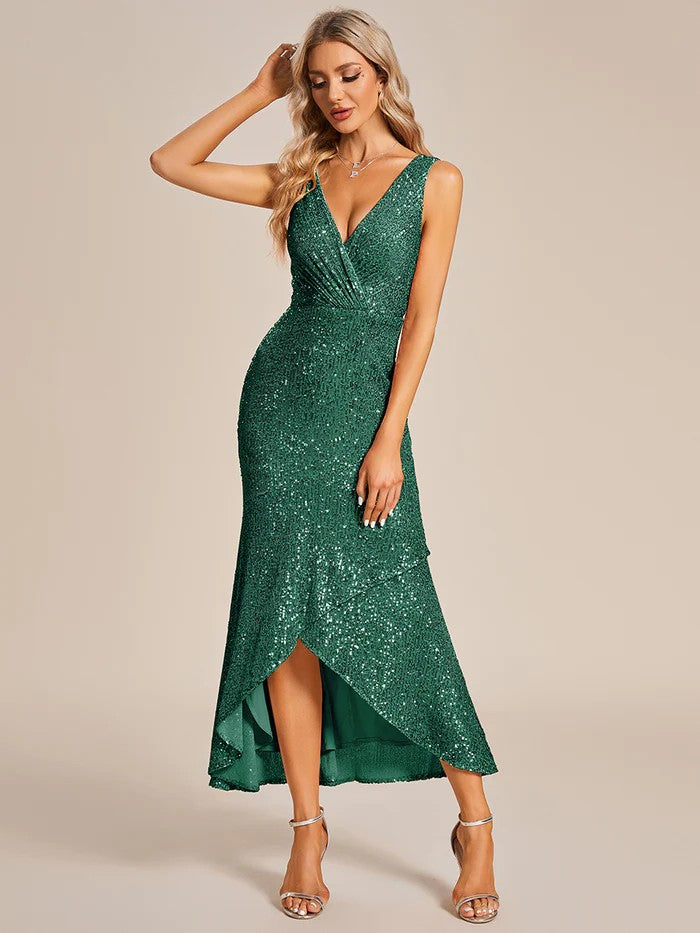 Glamour grünes Pailletten Abendkleid mit V-Ausschnitt