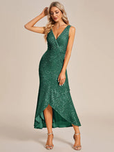 Lade das Bild in den Galerie-Viewer, Glamour grünes Pailletten Abendkleid mit V-Ausschnitt