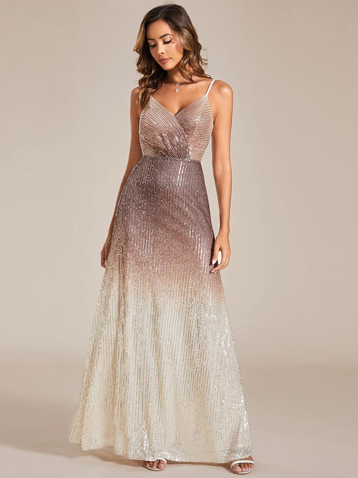 Langes Pailletten Abendkleid im 20er Jahre Stil mit V-Ausschnitt