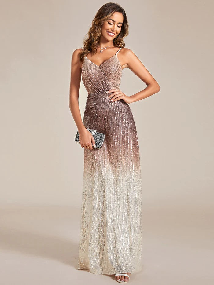Langes Pailletten Abendkleid im 20er Jahre Stil mit V-Ausschnitt