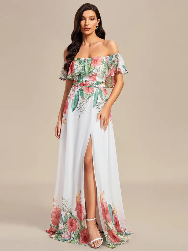 Luxus Off Shoulder Sommerkleid in Weiß & Tropic Look bunt