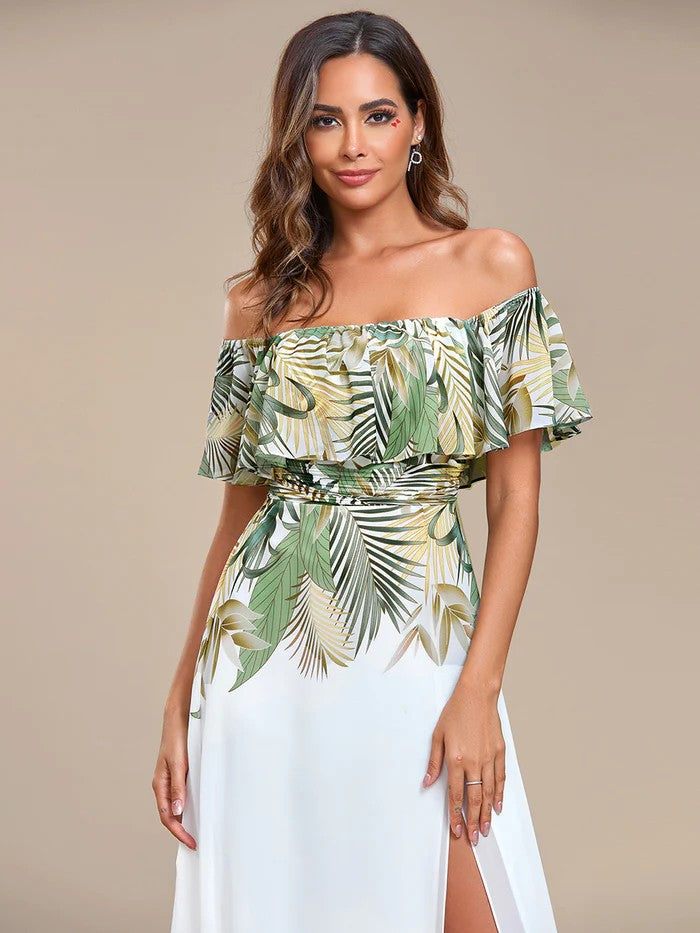 Luxus Off Shoulder Sommerkleid in Weiß & Tropic Look grün