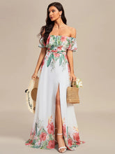 Lade das Bild in den Galerie-Viewer, Luxus Off Shoulder Sommerkleid in Weiß &amp; Tropic Look bunt
