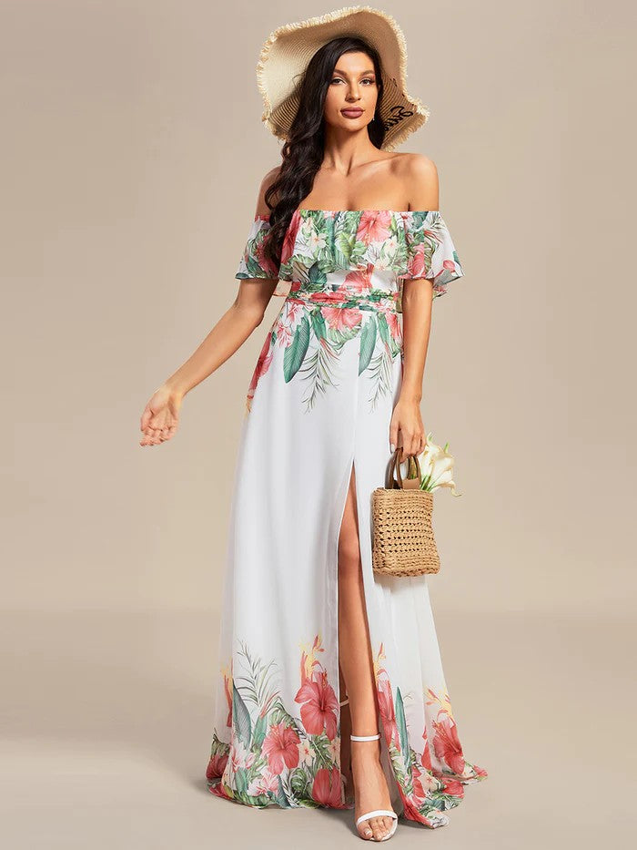 Luxus Off Shoulder Sommerkleid in Weiß & Tropic Look bunt