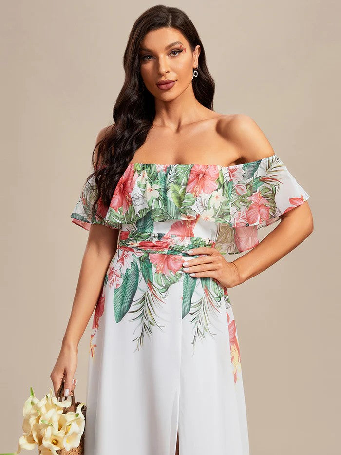 Luxus Off Shoulder Sommerkleid in Weiß & Tropic Look bunt