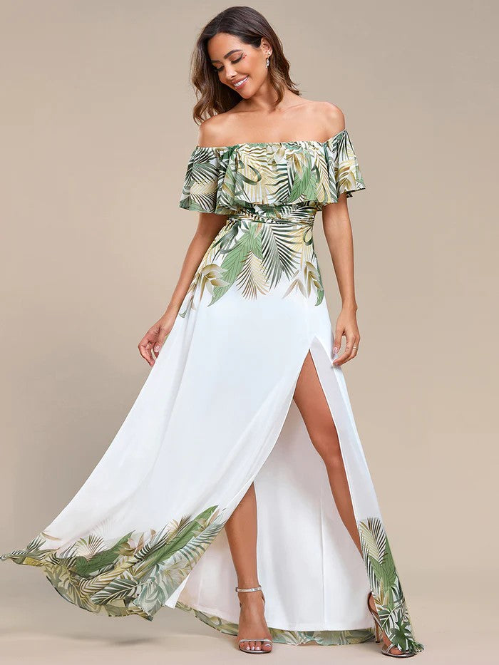 Luxus Off Shoulder Sommerkleid in Weiß & Tropic Look grün