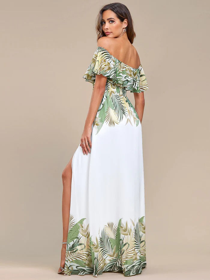 Luxus Off Shoulder Sommerkleid in Weiß & Tropic Look grün