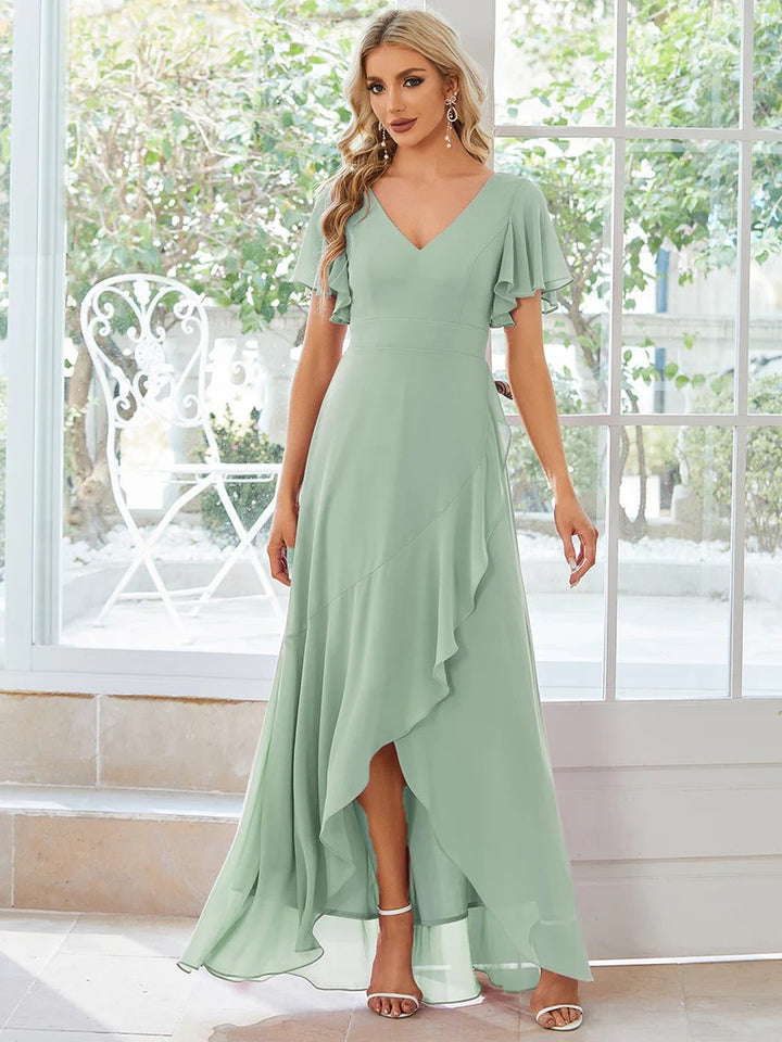 Mint Grün Chiffon Kleid mit V-Ausschnitt Raffungen
