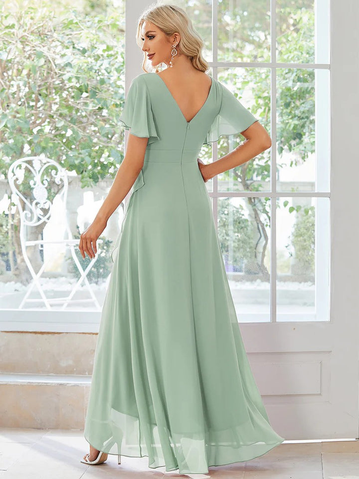Mint Grün Chiffon Kleid mit V-Ausschnitt Raffungen