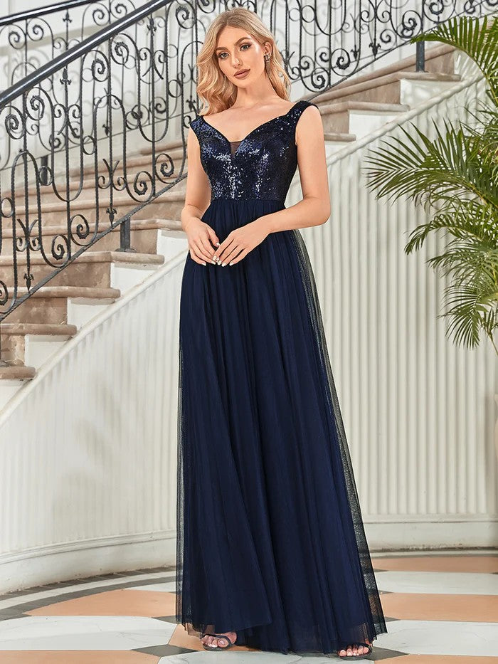 Navy Blau Glamour Ball & Abendkleid mit Pailletten Oberteil & Tüll Rock