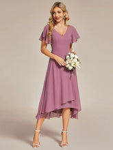 Lade das Bild in den Galerie-Viewer, Rosa Pink High Low Chiffon Abendkleid mit V-Ausschnitt