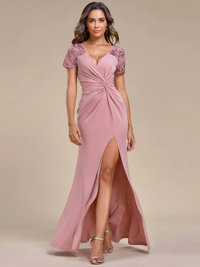 Pink Rosa Elegantes Abendkleid V-Ausschnitt Beinschlitz