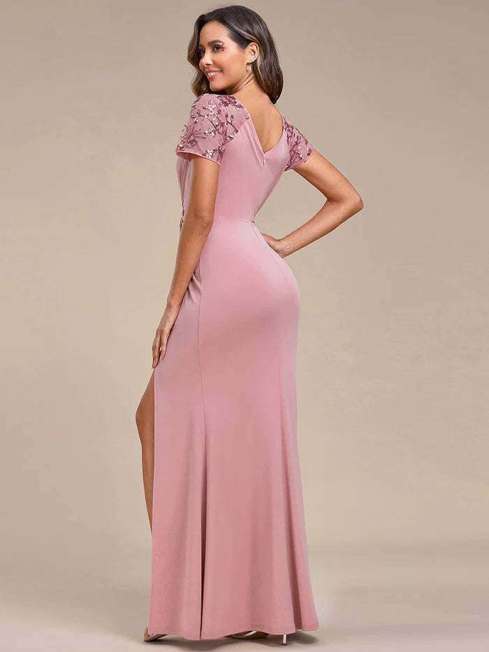 Pink Rosa Elegantes Abendkleid V-Ausschnitt Beinschlitz