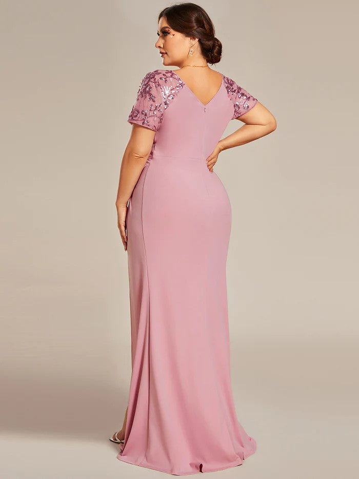 Plussize Pink Rosa Elegantes Abendkleid V-Ausschnitt Beinschlitz