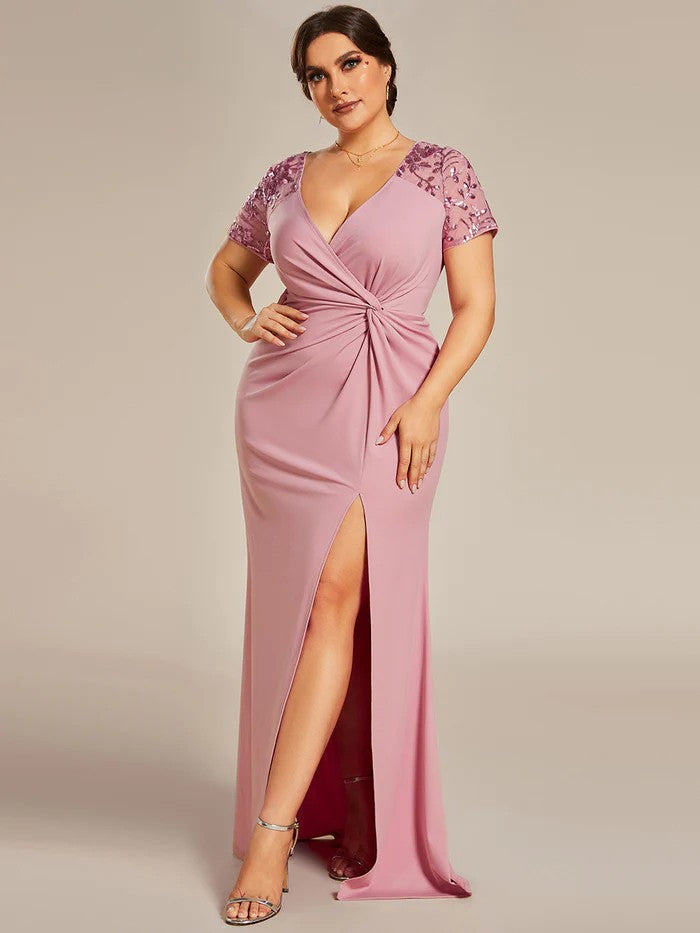 Plussize Pink Rosa Elegantes Abendkleid V-Ausschnitt Beinschlitz