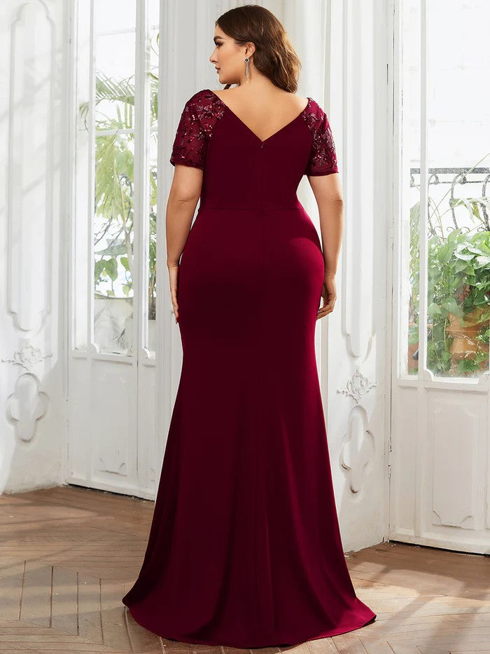 Plussize Rot Elegantes Abendkleid V-Ausschnitt Beinschlitz