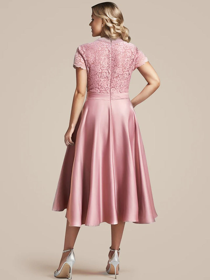 Rosa Pink Kurz Arm Kleid eleganten Spitzen Oberteil Satin Rock