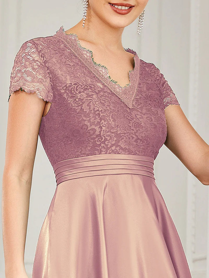 Rosa Pink Kurz Arm Kleid eleganten Spitzen Oberteil Satin Rock