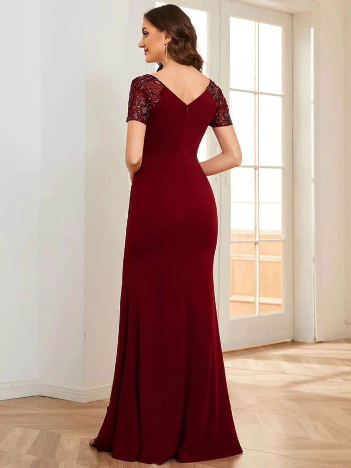 Rot Elegantes Abendkleid V-Ausschnitt Beinschlitz