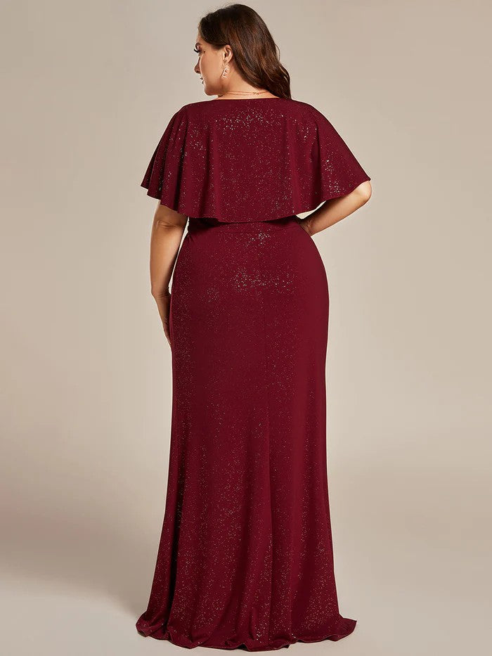 Rot Plus Size Abendkleid mit Glitzerstoff & V-Ausschnitt
