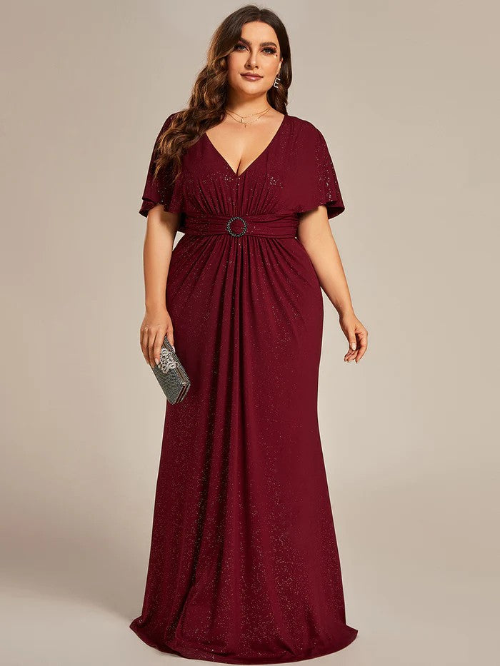 Rot Plus Size Abendkleid mit Glitzerstoff & V-Ausschnitt