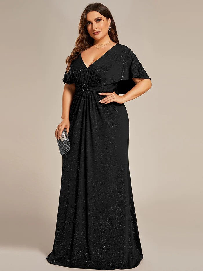 Schwarz Plus Size Abendkleid mit Glitzerstoff & V-Ausschnitt