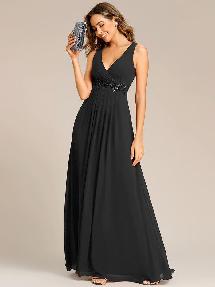 XS-8XL Schlicht Elegantes Abendkleid mit V-Ausschnitt Schwarz