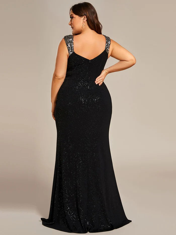 Schwarzes Plus Size Abendkleid mit Glitzerstoff & breiten Pailletten Träger