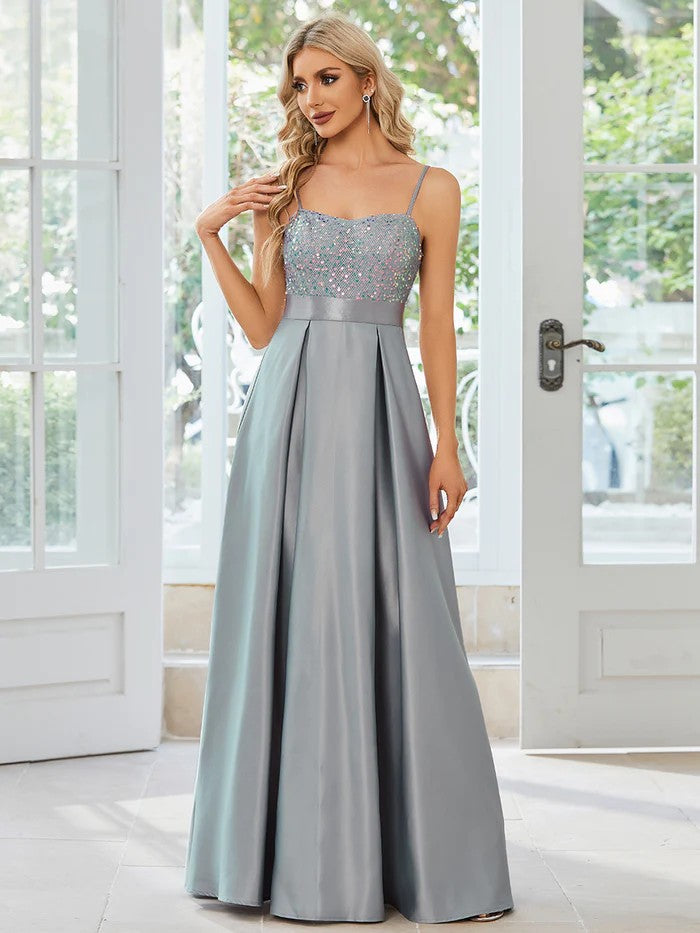 Silber graues Abendkleid mit Pailletten Oberteil & Satinrock