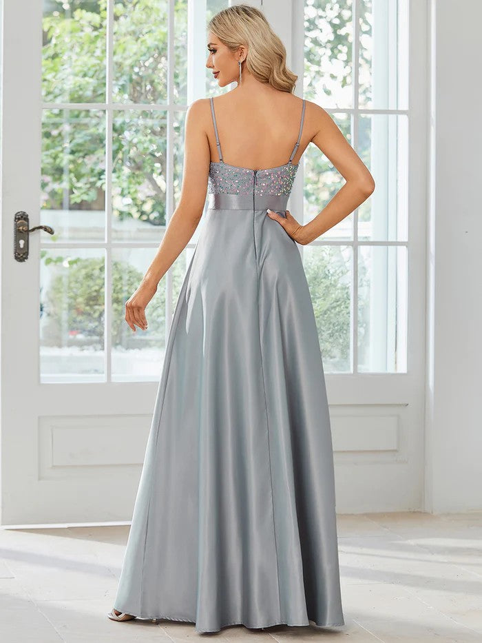 Silber graues Abendkleid mit Pailletten Oberteil & Satinrock