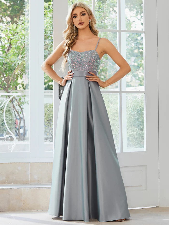 Silber graues Abendkleid mit Pailletten Oberteil & Satinrock
