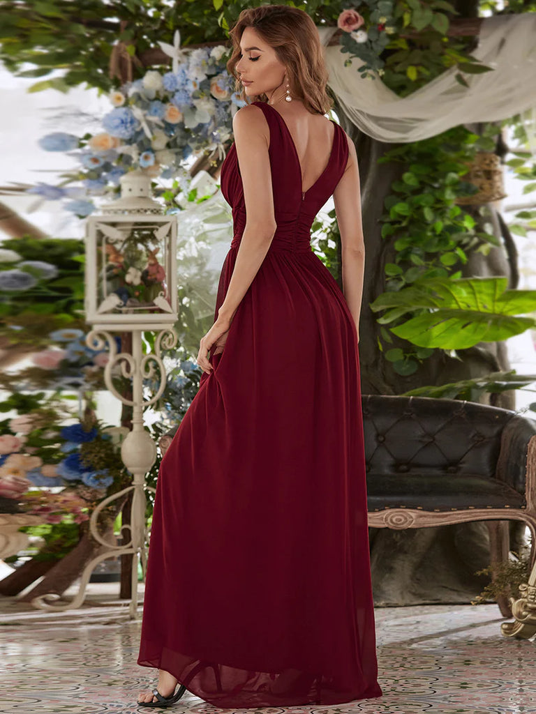 Wein Rot Elegantes Abendkleid mit schicken V-Ausschnitt