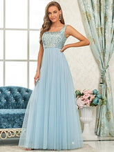Lade das Bild in den Galerie-Viewer, Blaues A-Linien ABI &amp; Abschuss Ballkleid mit Pailletten Oberteil &amp; Tüll-Rock