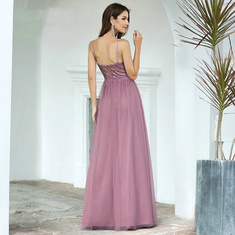 Elegantes Abendkleid mit Pailletten Oberteil & langen Tüll Rock Rosa Pink