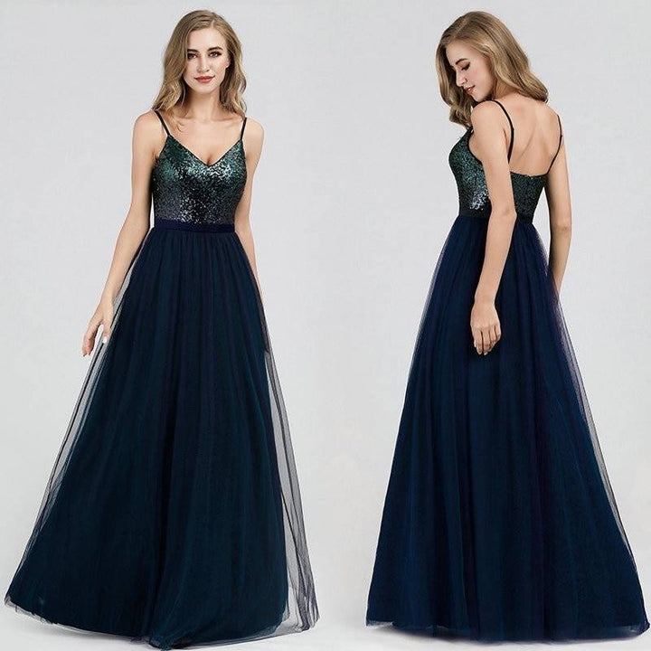 Elegantes Abendkleid mit Pailletten Oberteil & langen Tüll Rock Navy Blau