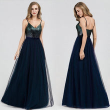 Lade das Bild in den Galerie-Viewer, Elegantes Abendkleid mit Pailletten Oberteil &amp; langen Tüll Rock Navy Blau