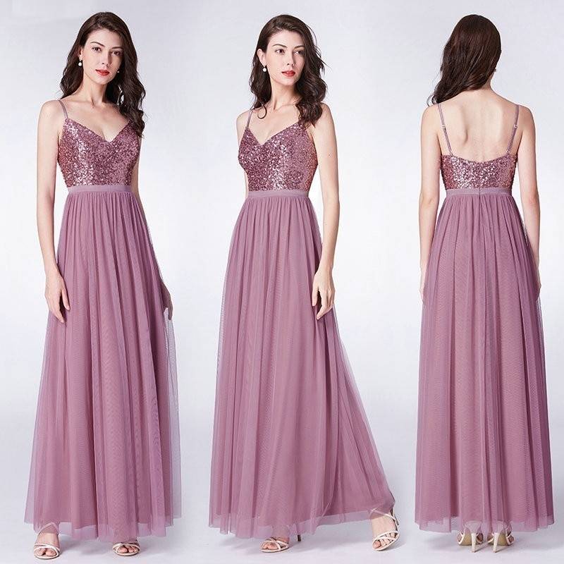 Elegantes Abendkleid mit Pailletten Oberteil & langen Tüll Rock Rosa Pink