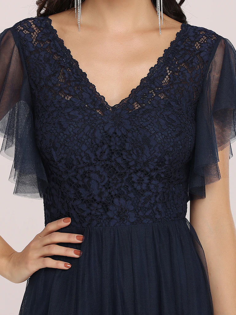 Langes Dunkelblaues Abendkleid mit Spitzen Oberteil & Tüllrock