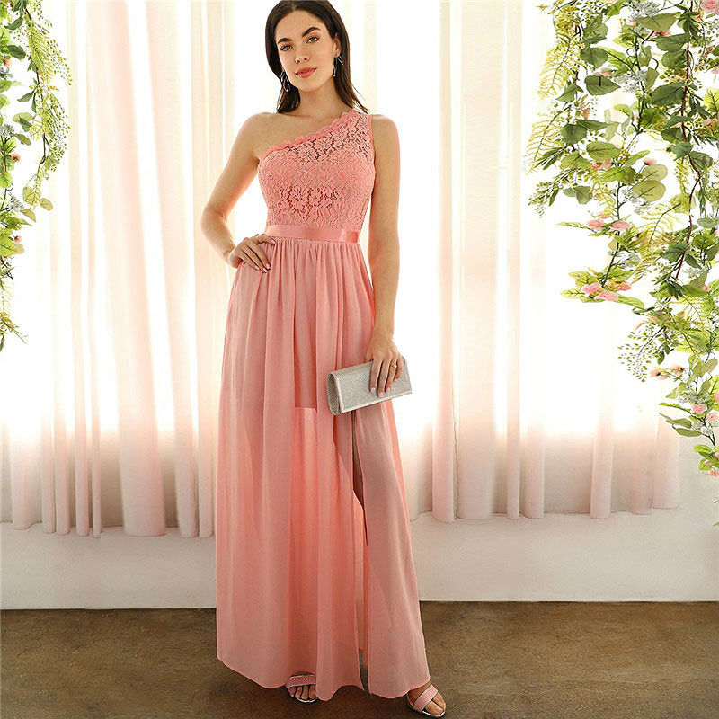 One Shoulder Ball & Abendkleid mit Spitzen Oberteil in Pink