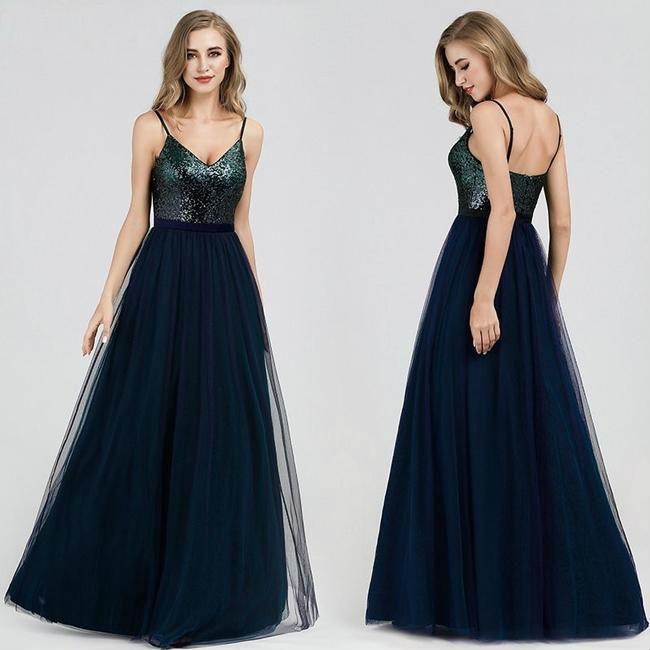 Pailletten Abendkleid Spaghettiträger V-Ausschnitt Navy Blau