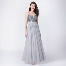 Lade das Bild in den Galerie-Viewer, Pailletten Abendkleid Spaghettiträger V-Ausschnitt Grau Silber