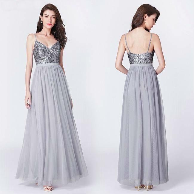 Pailletten Abendkleid Spaghettiträger V-Ausschnitt Silber